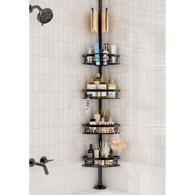 cutefafa Rustproof Corner Shower Caddy Tension Pole, 4 Large Baskets for Bathtub Shampoo Storage Organizer Bathroom Height Adjustable Shelves from 23.6 to 114.5 Inch with Towel Bar