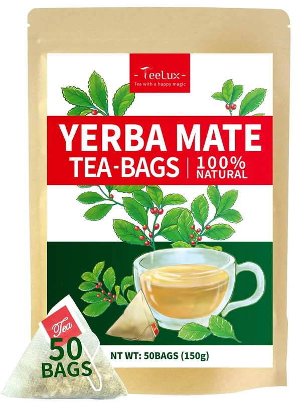 TeeLux Yerba Mate Tea Bags 50 Count, Pure Natural Argentine Yerba Mate, Rich Flavor with 3g/Bag, Biodegradable Tea Bag