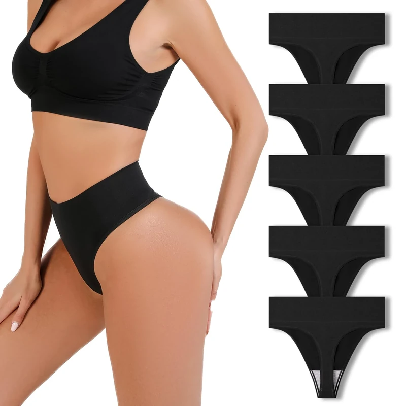 GRANKEE Women's High Waisted Thong Underwear, No Show Wide Waistband Tummy Control Panties, with Modal Crotch Undies Multipack(B5 5 Pack L)