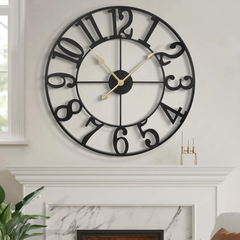 LEIKE Large Wall Clock for Living Room - 16 Inch Oversized Centurian Roman Numeral Modern Style Black Metal Decorative Analog Battery Operated Wall Clocks for Farmhouse, Office Home Decor