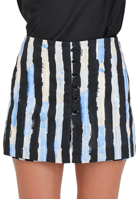 Pinko Women's Maleficient Muslin Shorts Pictorial Stripe Print Casual, Dze_Black/Butter/Light Blue, UK 6
