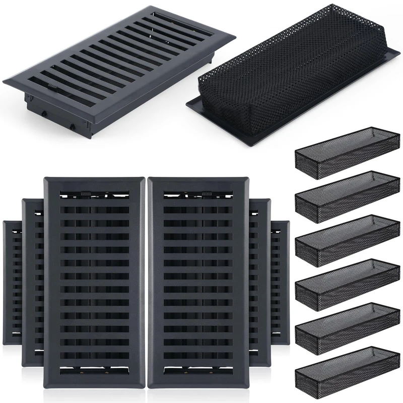 Baquler 12 Pcs Floor Vents Register with Cover Trap 4" x 10" Set, Heavy Duty Walkable Design Floor Vent Covers with Damper and Floor Register Trap Screen Vent Mesh Filters for Home Floor Replacement