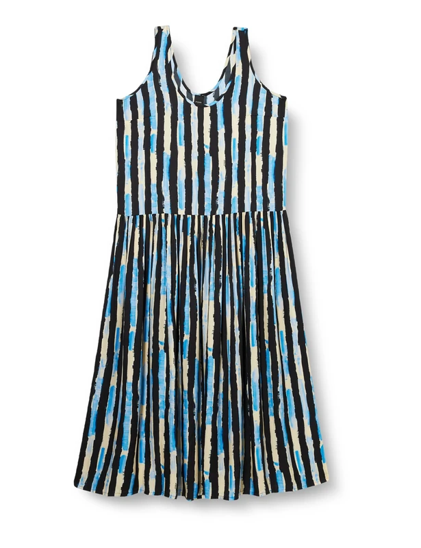 Pinko Women's Once Pictorial Stripe Print Twill Dress Cocktail, Dze_Black/Butter/Light Blue, 20