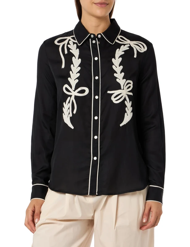 Pinko Women's Chips Embroidered Satin Shirt Blouse, Zdg_Black/Butter, 12 (M)