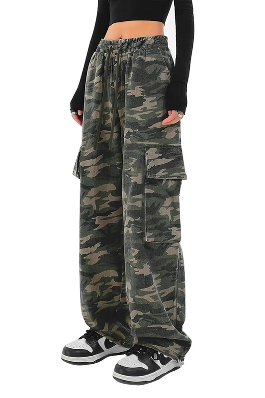 SESERAGI Cargo Pants Women Baggy Streetwear Y2K Drawstring Trousers Wide Leg Pants, Baggy Camouflage, XL