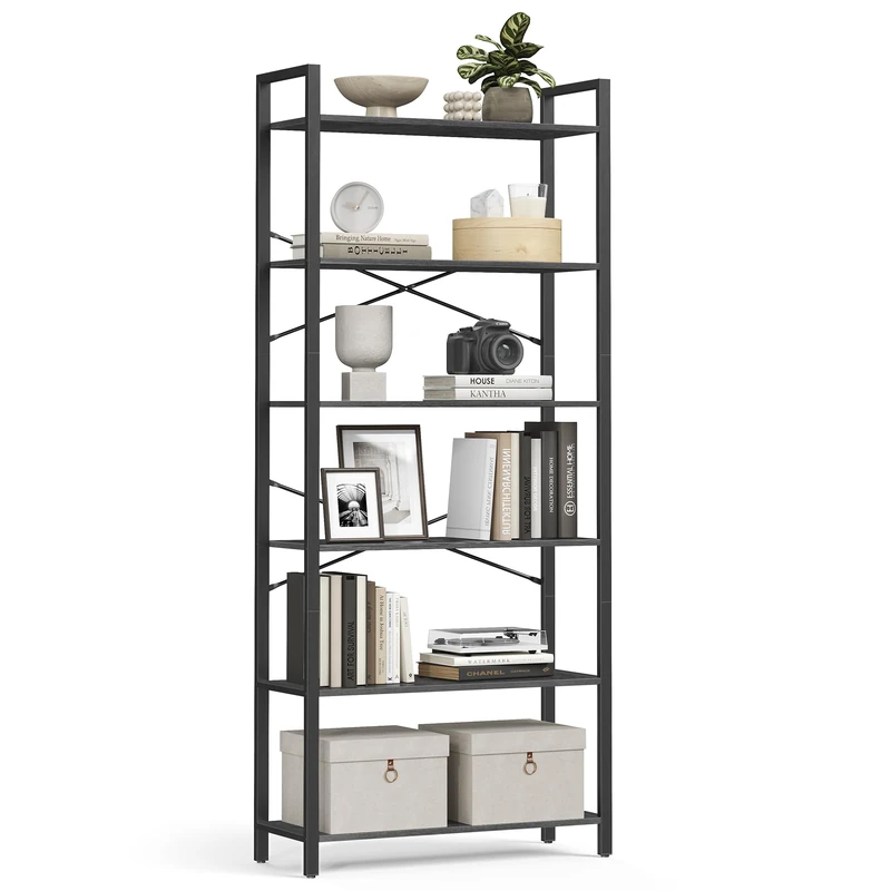 VASAGLE 6-Tier Bookshelf, Bookcase, Shelving Unit, for Office, Study, Living Room, Bedroom, 30 x 80 x 186 cm, Industrial, Ebony Black and Ink Black LLS082B56