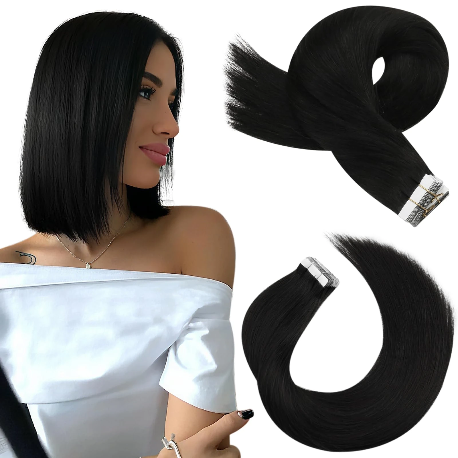 Moresoo Tape in Hair Extensions Human Hair Off Black Tape in Real Hair Extensions Natural Black 10 Inch Short Bob Hair 20 Pieces/30g #1B