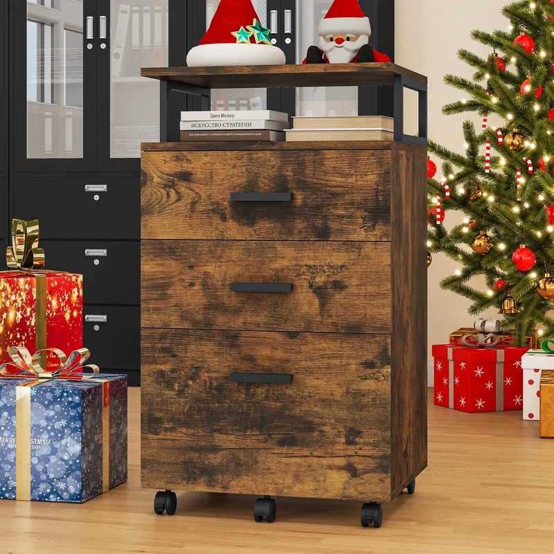 YITAHOME Mobile File Cabinet, 3-Drawer Filing Cabinets for Home & Office, Storage Cabinet with Drawers 5 Wheels Open Compartment, Metal Frame, Office Storage Rolling Office Cabinet (Rustic Brown)
