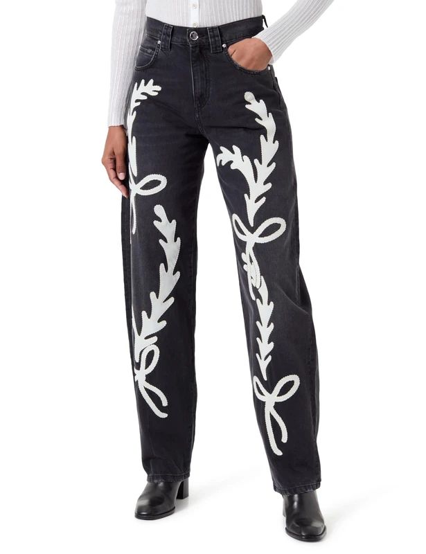 Pinko Women's Eloise Egg Embroidered Denim Jeans, Zdg_Black/Butter, 34