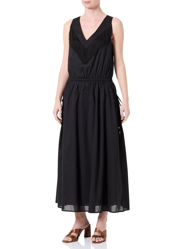 Pinko Women's Beginners Muslin Dress with Fringes Cocktail, Z99_Black Limousine, UK 11.5