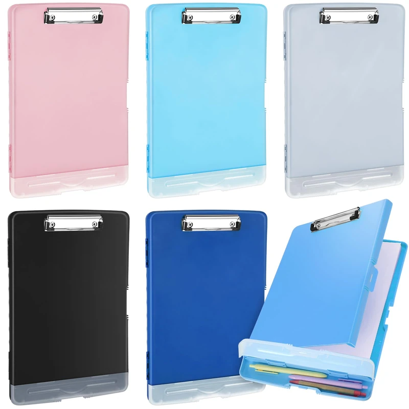 Crtiin 6 Pcs Plastic Clipboard with Storage Colored A4 Nursing Clipboards with Pen Holder Heavy Duty Waterproof Storage Clipboard Folder Side Opening File Clipboard Case for Office School (Simple)