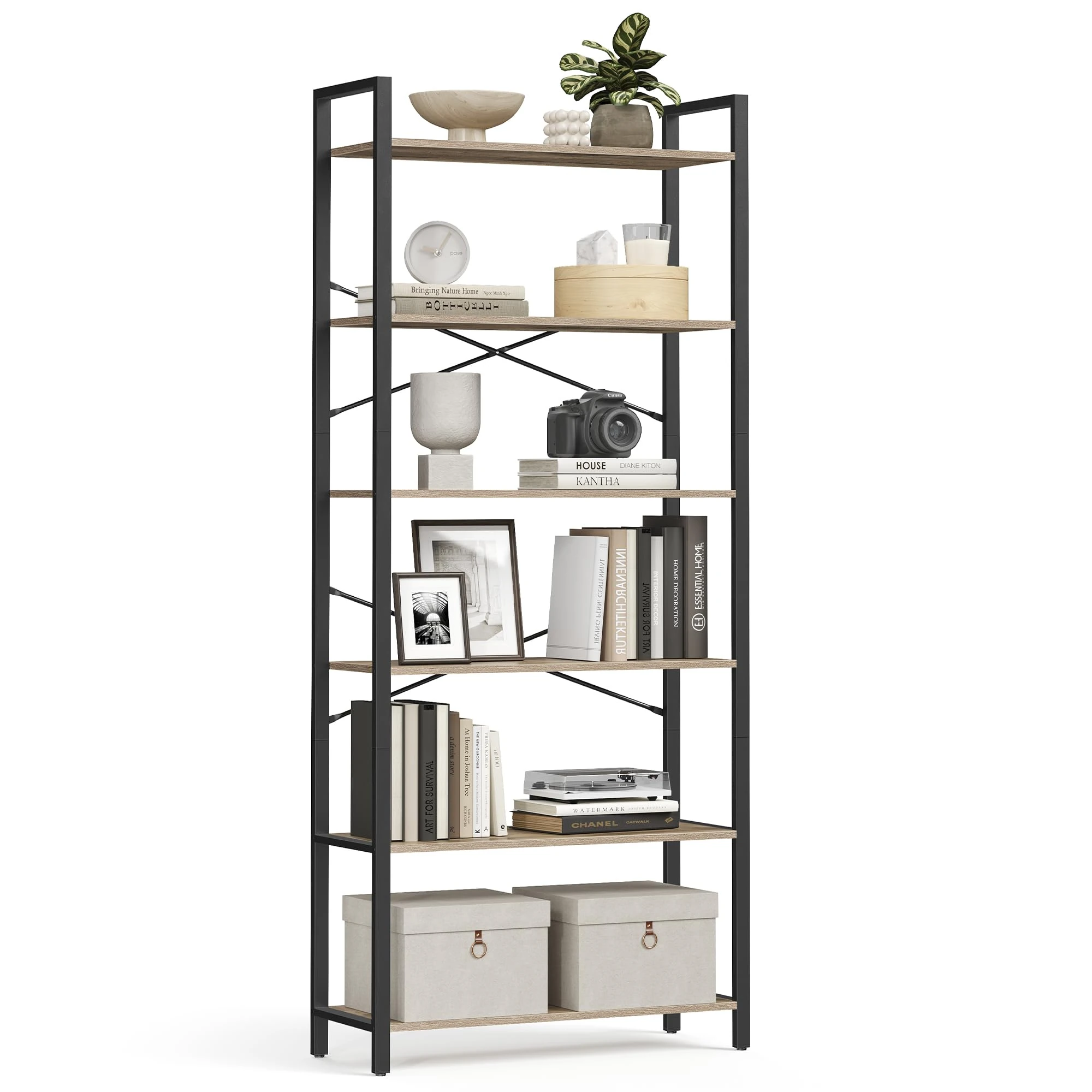 VASAGLE 6-Tier Bookshelf, Bookcase, Shelving Unit, for Office, Study, Living Room, Bedroom, 30 x 80 x 186 cm, Industrial, Camel Brown and Ink Black LLS082B50