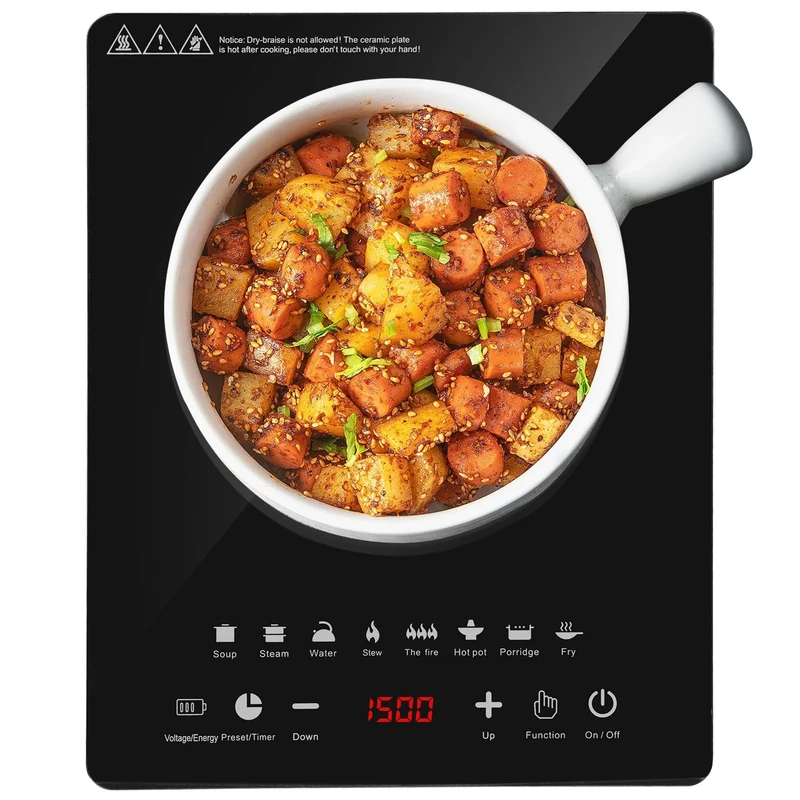 Induction Hob, Single Induction Cooker with 8 Temperature Regulate, Built-In Timer and Overheat Protection, Electric Hob 9 Cooking Functions, LED Display Sensor Touch Control, 2000W 1.5M Power Cord