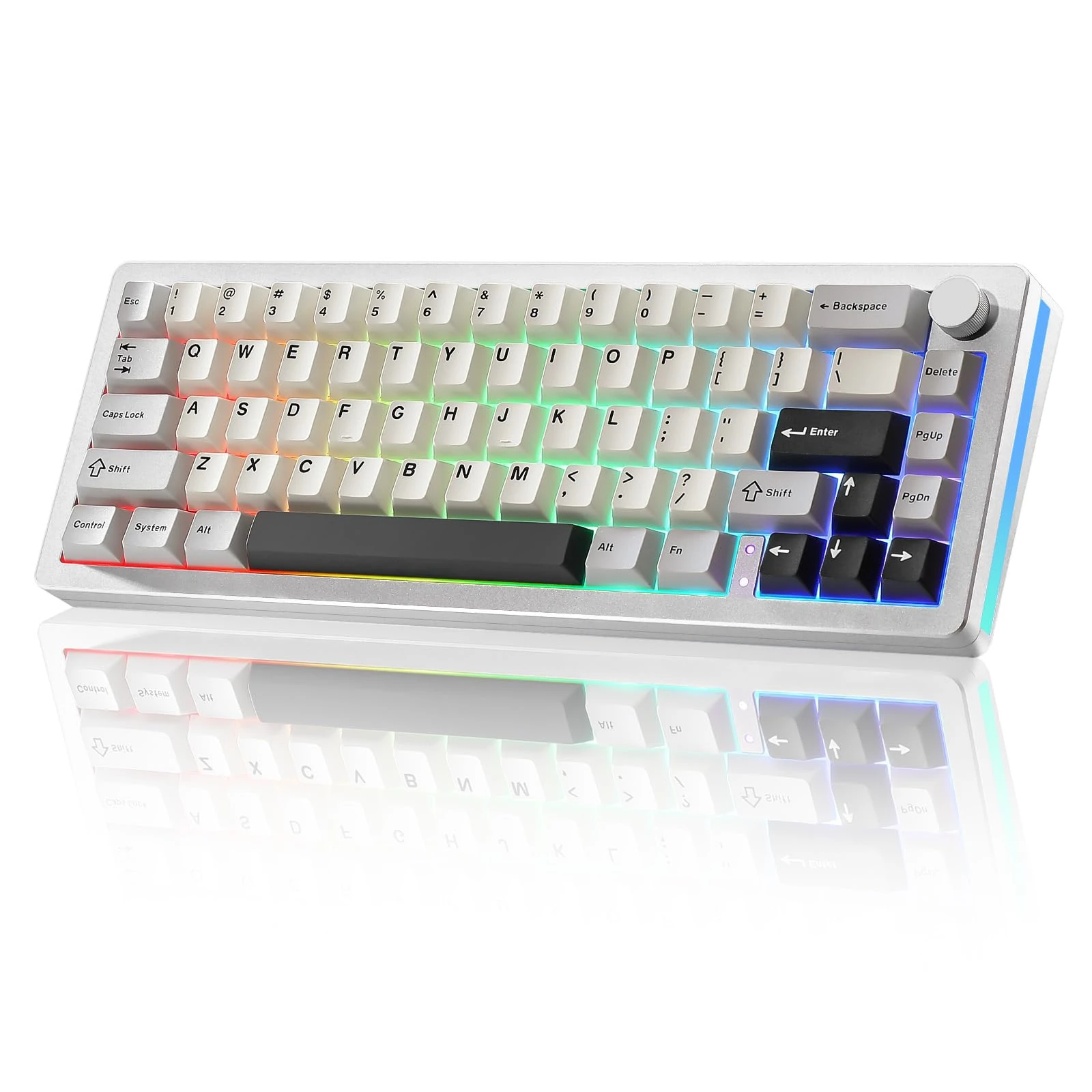 YUNZII AL66 Wireless Mechanical Keyboard,65% Knob Control Aluminum Gaming Keyboard Bluetooth/2.4G/Wired Hot-Swap Pre-lubed Switches,Gasket Mounted RGB Keyboard for Win/Mac（Milk Switch, Silver）