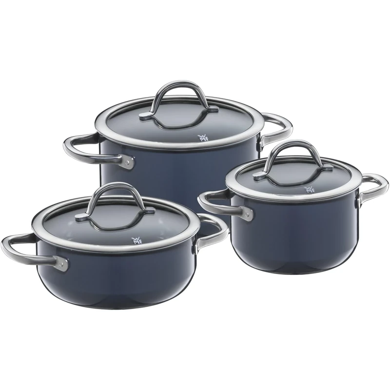 WMF Fusiontec Inspire Induction 3-Piece Saucepan Set with Glass Lid, Induction Pots Set, High-Tech Ceramic, Scratch-Resistant, Uncoated, Dark Blue