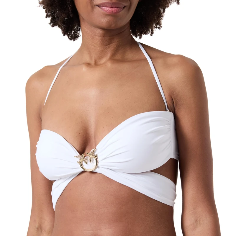 Pinko Women's Amaryllis Techno Jersey Bikini Top with Ring Birds, Z04_White Brill, M
