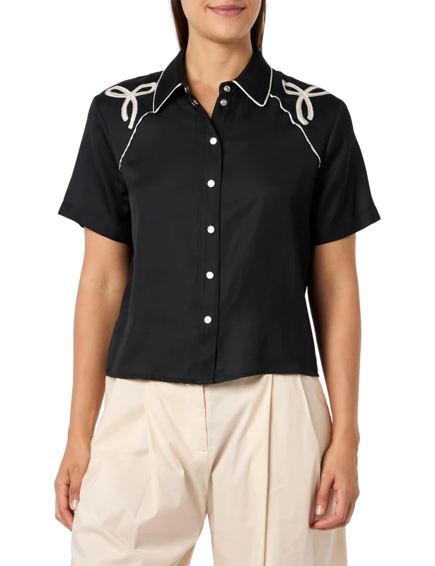Pinko Women's Enigma Embroidered Satin Shirt Blouse, Zdg_Black/Butter, 10 (S)