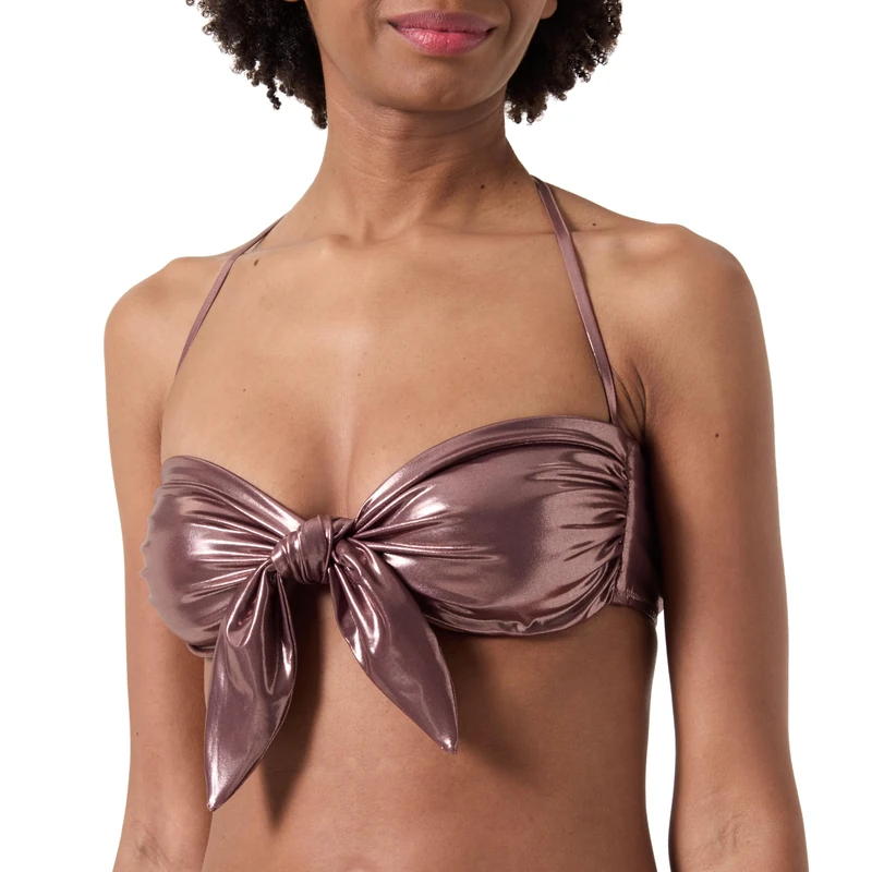 Pinko Women's Rubicon Tecno Jersey Lamina Eff. Wet Bikini Top, L81_Brown Friar, XS