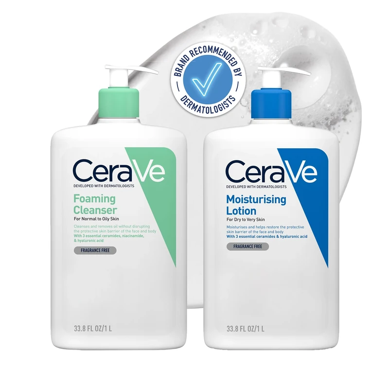 CeraVe Face & Body Routine for Oily Skin, Foaming Cleanser & Moisturising Lotion 1 Litre x2: Jumbo format