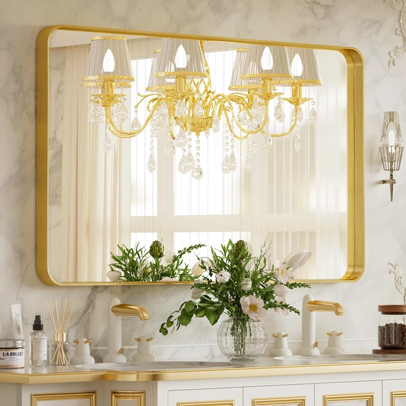 VooBang Bathroom Mirror 24x32 inch, Gold Gorgeous Deep Frame Wall Mirror, Modern Round Corner Bathroom Vanity Mirror for Bedroom, Living Room, Hanging or Leaning Horizontal or Vertical, Gold