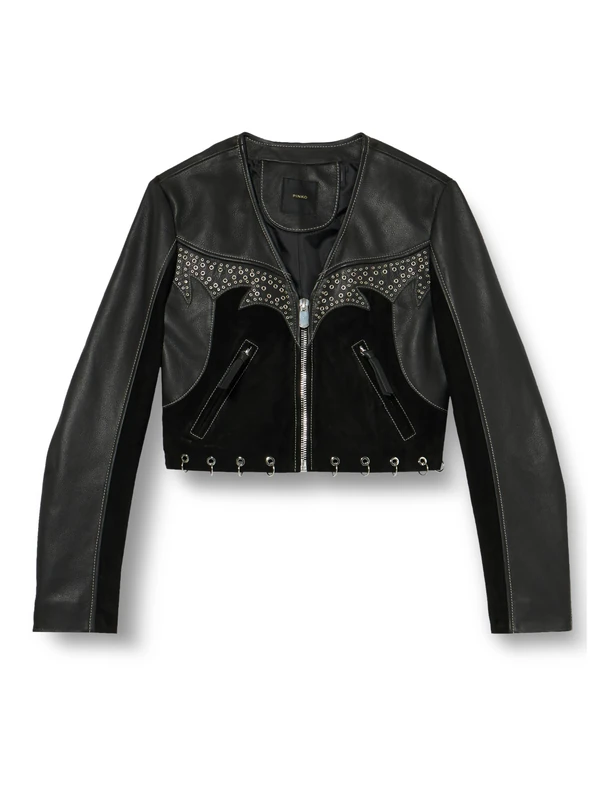 Pinko Women's Gothika Leather and Suede Jacket with Metal Decorations, Z99_Black Limousine, UK 6