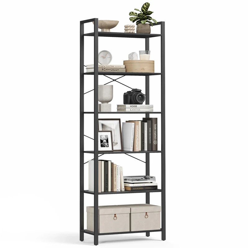 VASAGLE 6-Tier Bookshelf, Bookcase, Shelving Unit, for Office, Study, Living Room, Bedroom, 30 x 66 x 186 cm, Industrial, Ebony Black and Ink Black LLS062B56