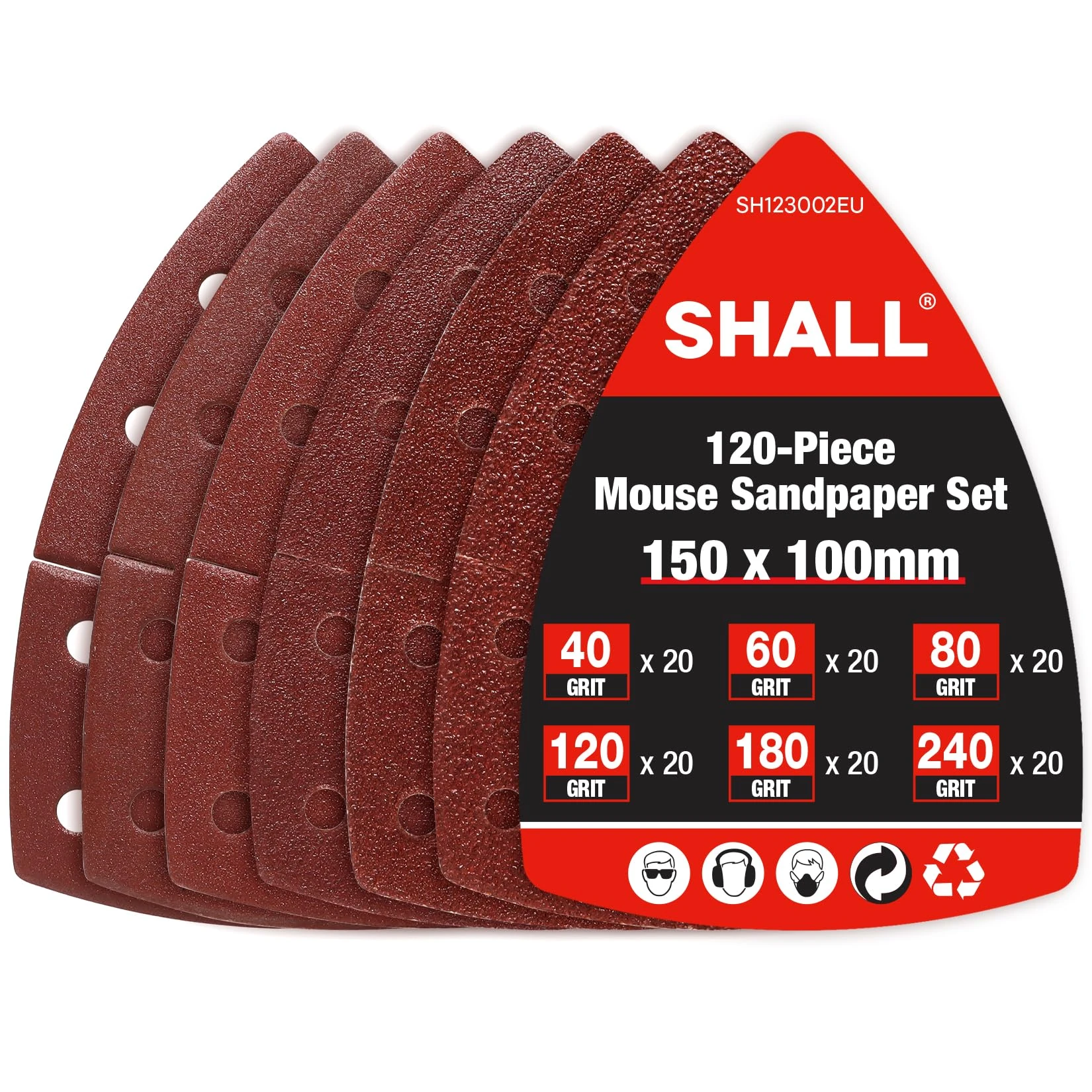 SHALL 120-Piece Sanding Sheets Mouse Sanding Pads, Assorted Grits, 40, 60, 80, 120, 180,240 Mixed Grits Included, Suitable for Sander