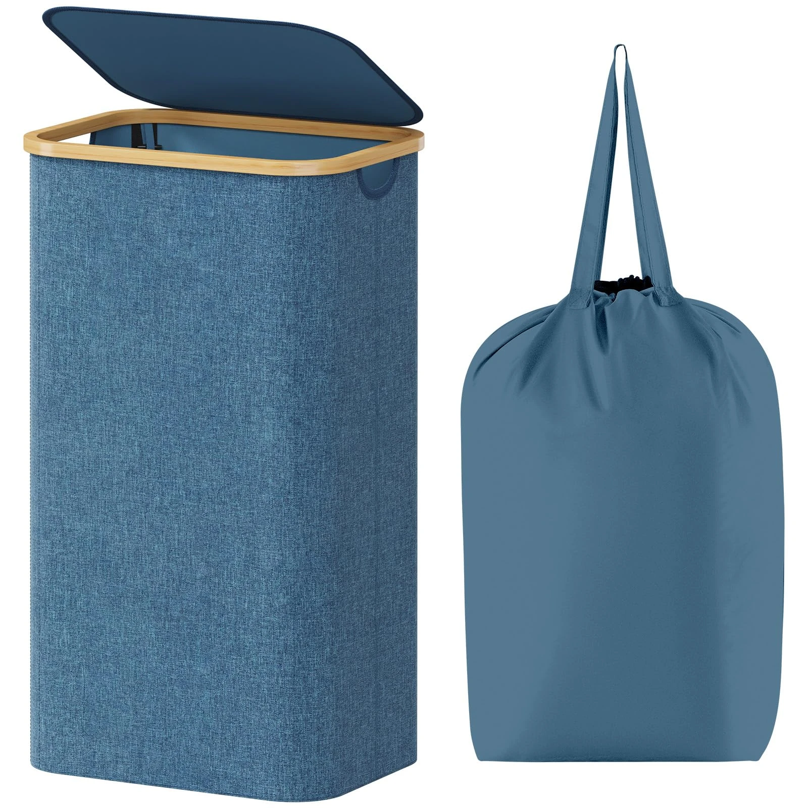 Lifewit 100L Laundry Basket with Lid, Clothes Hampers for Laundry with Bamboo Handles and A Removable Laundry Bag, Large Foldable Laundry Hamper for Bedroom, Bathroom, Dorm, Laundry Room, Dark Blue