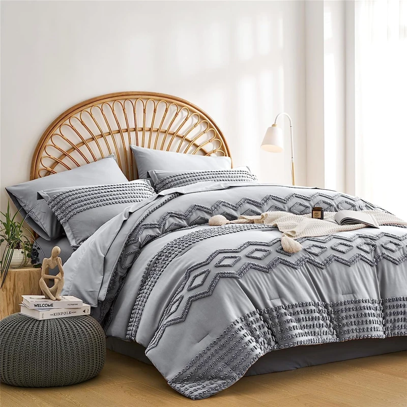 KAKIJUMN Grey Tufted Comforter Set Full Size 7 Piece Bed in a Bag, Shabby Chic Boho Comforter and Sheet Set, Pom Pom Textured Bed Set, All Season Soft Microfiber Complete Bedding Set(Grey,Full)