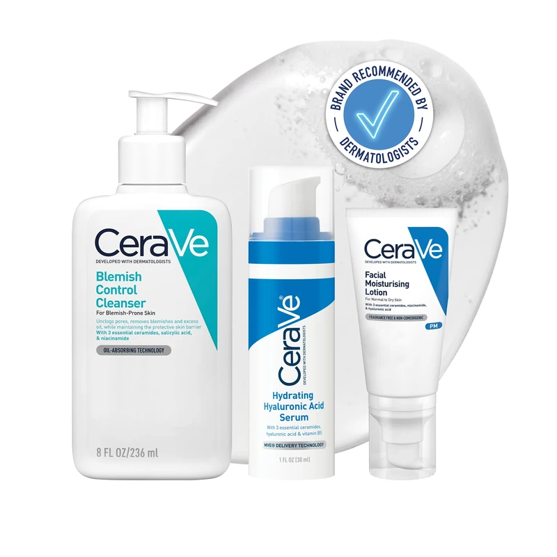 CeraVe Blemish Control Night-Time Routine for oily & blemish-prone skin: Blemish Control Cleanser 236ml, Serum 30ml and PM Facial Moisturising Lotion 52ml. 3-step Routine Bundle