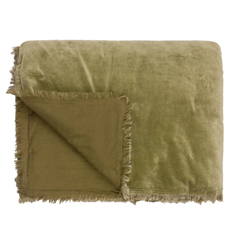 furn. Yard Jaye Cotton Velvet Filled Bedspread, 140cm x 220cm, Moss - Image 1