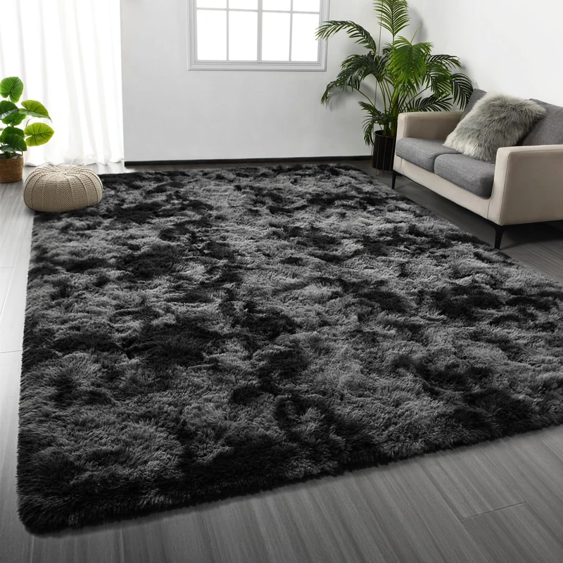 Deerhoo Large Shag Area Rugs 8 x 10, Tie-Dyed Plush Fuzzy Rugs for Living Room, Bedroom & Nursery, Dark Grey