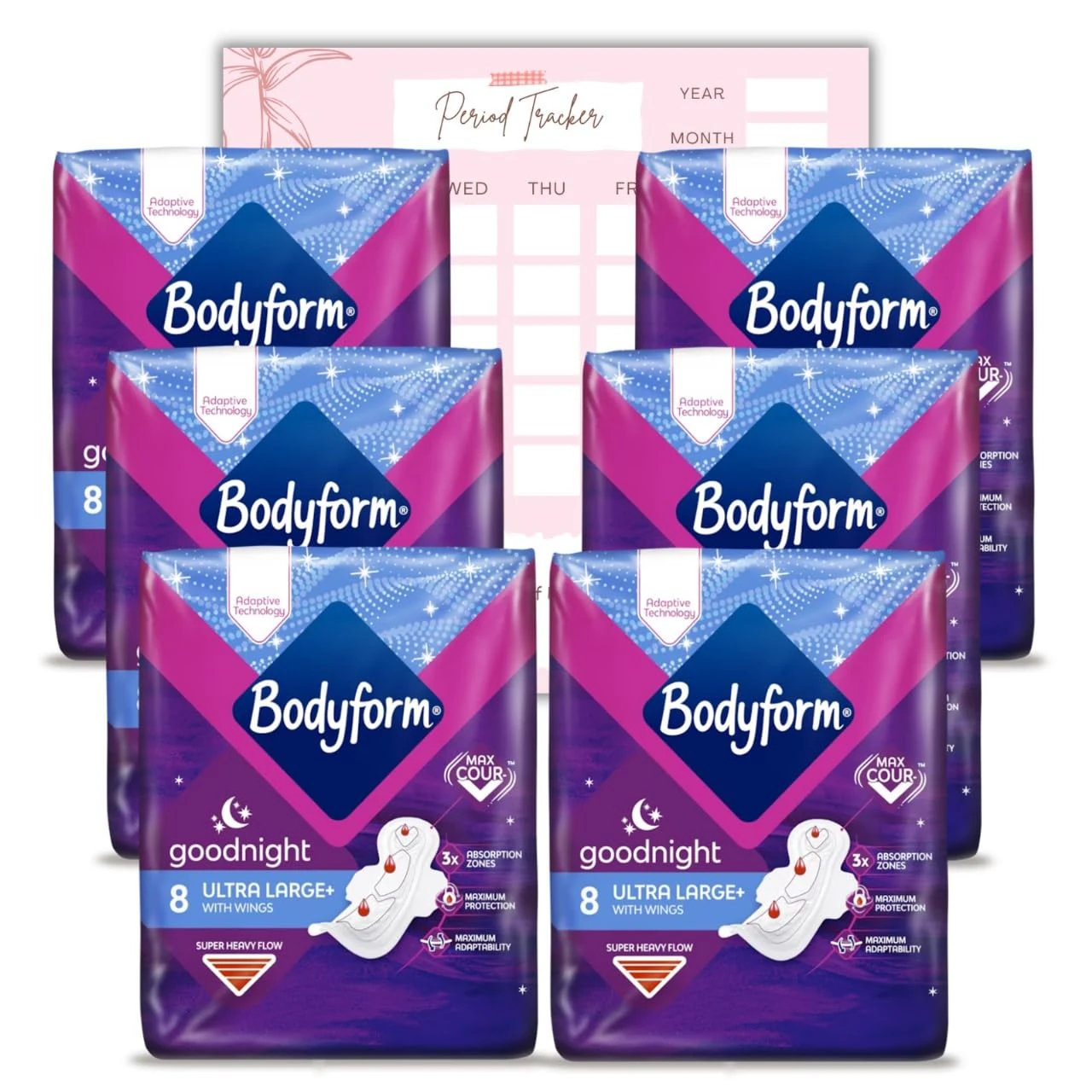 Body Form Ultra Goodnight Sanitary Towels with Wings, 48 (8 x 6 Packs) Period Pads for Night Use, Super Heavy Flow, Cour-V Ultra Night with Caliko Period Tracker