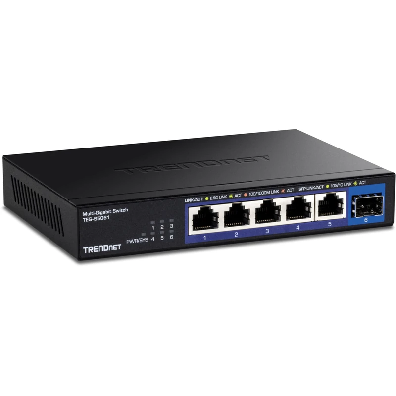 TRENDnet 6-Port Unmanaged 2.5G Switch with 10G SFP+ Port, TEG-S5061, 5 x 2.5GBASE-T Ports, 45Gbps Switching Capacity, Fanless, Wall Mountable, Black