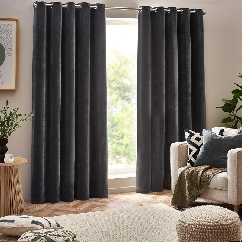 Yard Heavy Chenille Eyelet Curtain Pair – Lined Room Darkening, Soft Velvet Home Décor (Charcoal - Width 168 x Drop 183cm)