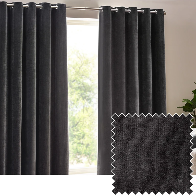 furn. Yard Heavy Chenille Eyelet Curtain Pair – Lined Room Darkening Soft Velvet Curtains (Charcoal - Width 229 x Drop 183cm)