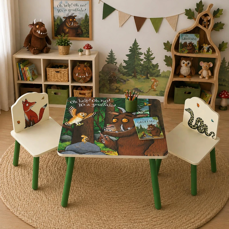 Kids Gruffalo Table and Chairs Set – Official Wooden Children’s Activity Table with 2 Chairs – Woodland Story Design for Playroom, Drawing & Crafts