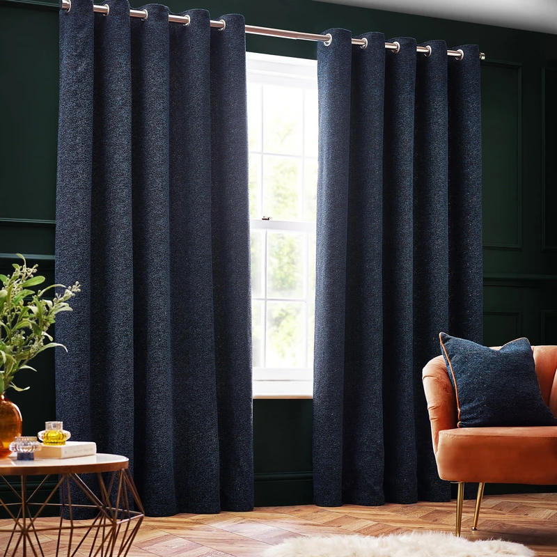 Paoletti Galaxy Eyelet Curtain Pair – Lined Room Darkening Luxury Opulent Chenille Curtains (Navy - 117x137cm)