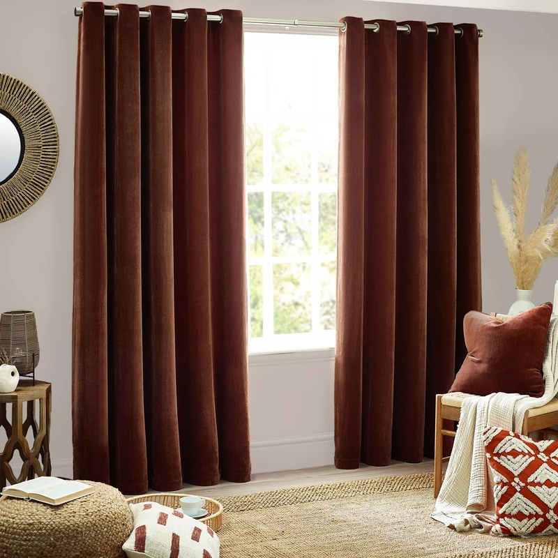 furn. Yard Heavy Chenille Eyelet Curtain Pair – Lined Room Darkening Soft Velvet Curtains (Nutmeg - Width 168 x Drop 229cm)