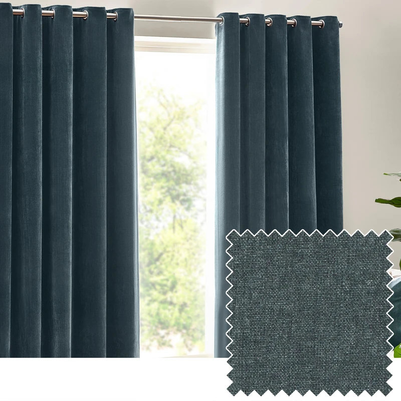 furn. Yard Heavy Chenille Eyelet Curtain Pair – Lined Room Darkening Soft Velvet Curtains (Marine - Width 229 x Drop 229cm)