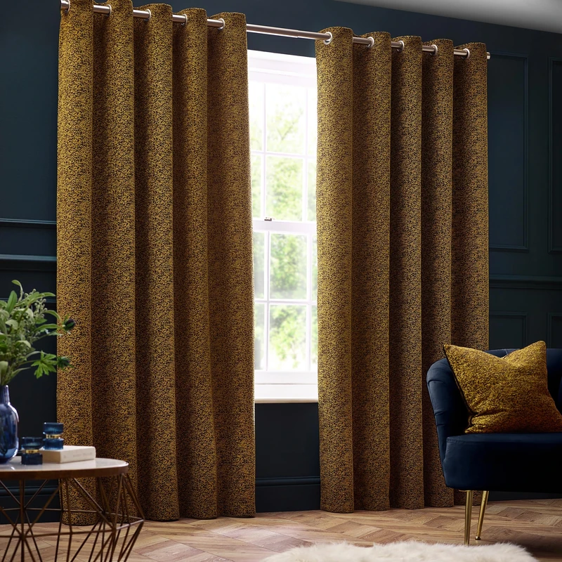 Paoletti Galaxy Eyelet Curtain Pair – Lined Room Darkening Luxury Opulent Chenille Curtains (Gold - 229x137cm)