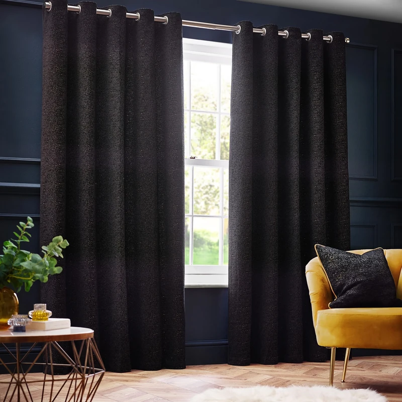 Paoletti Galaxy Eyelet Curtain Pair – Lined Room Darkening Luxury Opulent Chenille Curtains (Black - 168x137cm)