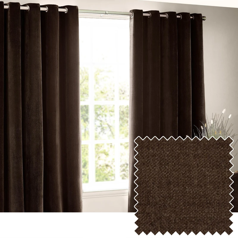 furn. Yard Heavy Chenille Eyelet Curtain Pair – Lined Room Darkening Soft Velvet Curtains (Brown - Width 229 x Drop 229cm)