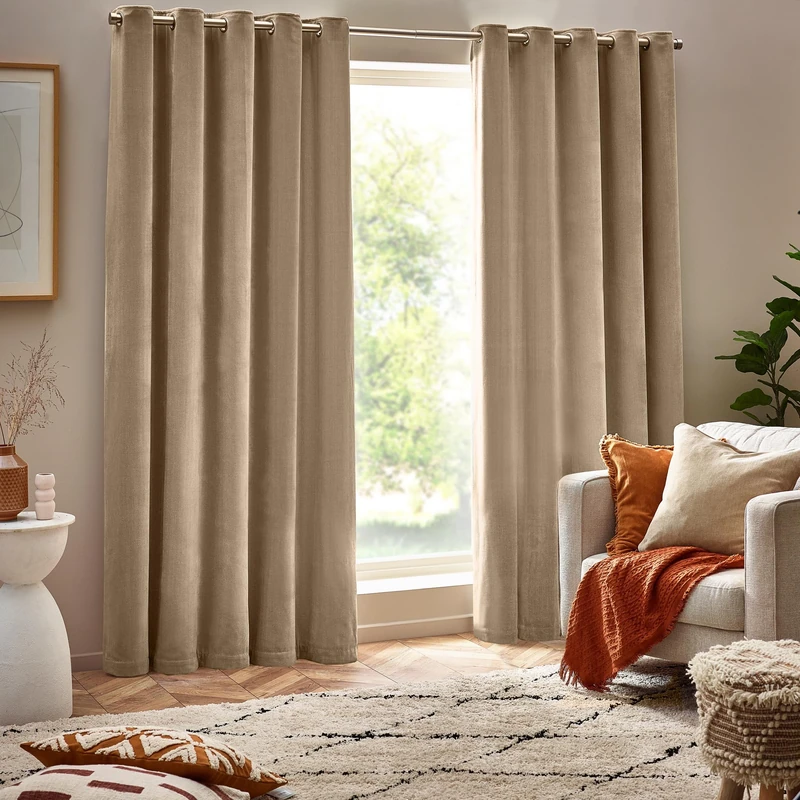 furn. Yard Heavy Chenille Eyelet Curtain Pair – Lined Room Darkening Soft Velvet Curtains (Natural - Width 229 x Drop 229cm)