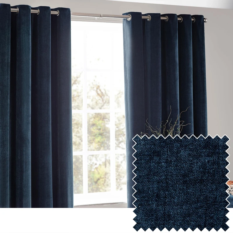 furn. Yard Heavy Chenille Eyelet Curtain Pair – Lined Room Darkening Soft Velvet Curtains (Navy - Width 229 x Drop 229cm)
