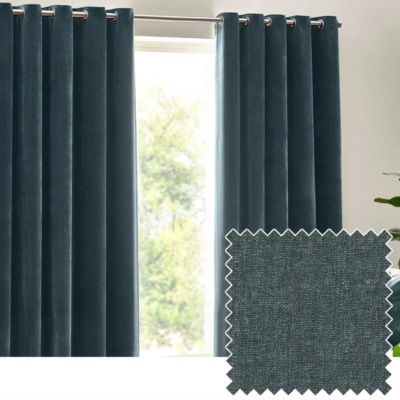 furn. Yard Heavy Chenille Eyelet Curtain Pair – Lined Room Darkening Soft Velvet Curtains (Marine - Width 117 x Drop 183cm)