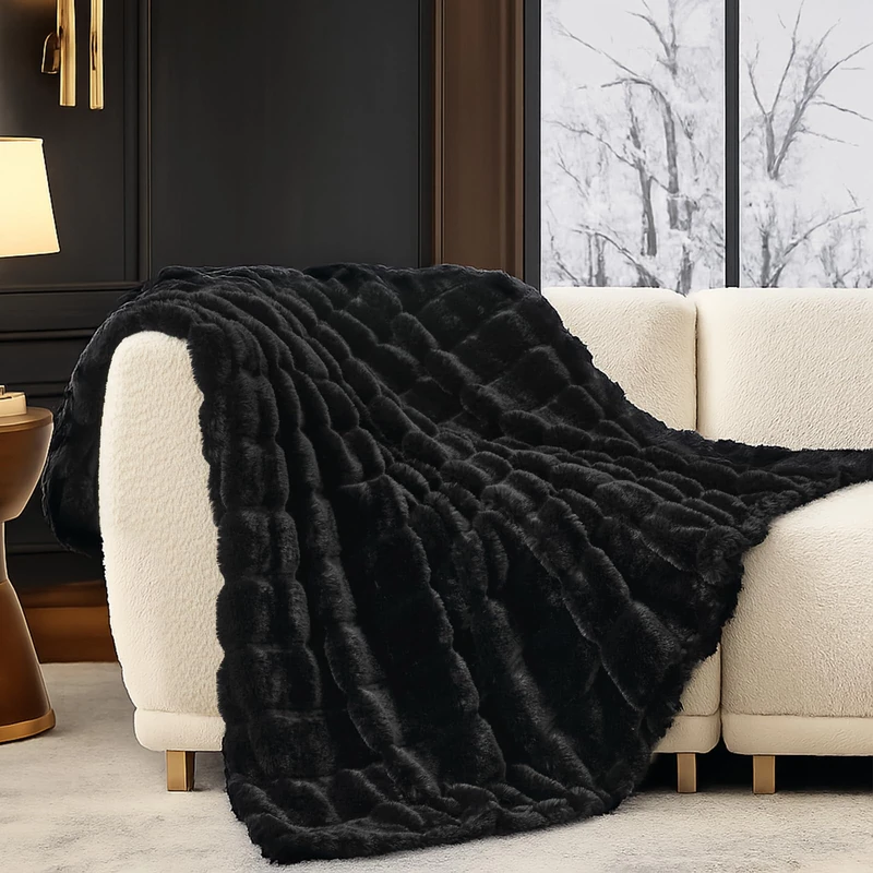 Cozy Bliss Faux Fur Throw Blanket for Couch, Cozy Warm Plush Striped Blanket for Sofa Bedroom Living Room, Black
