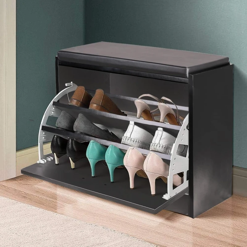 BAKAJI Space-Saving Shoe Storage Bench in Wood with Triple Depth Folding Door and Eco Leather Seat, Storage Box Dimensions 60 x 30 x 48 cm (Black)