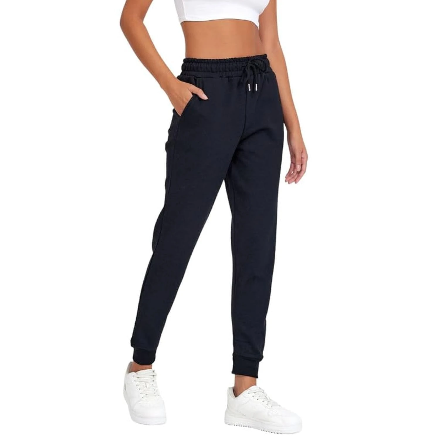 COMEOR Women's Jogging Bottoms, Ladies Joggers, Sports Yoga Trousers, Long Cotton Training Jogging Pants, Loose Sweatpants with Elastic Waist, Tapered Leg (Cuffed) and Drawstring, Slim fit Black