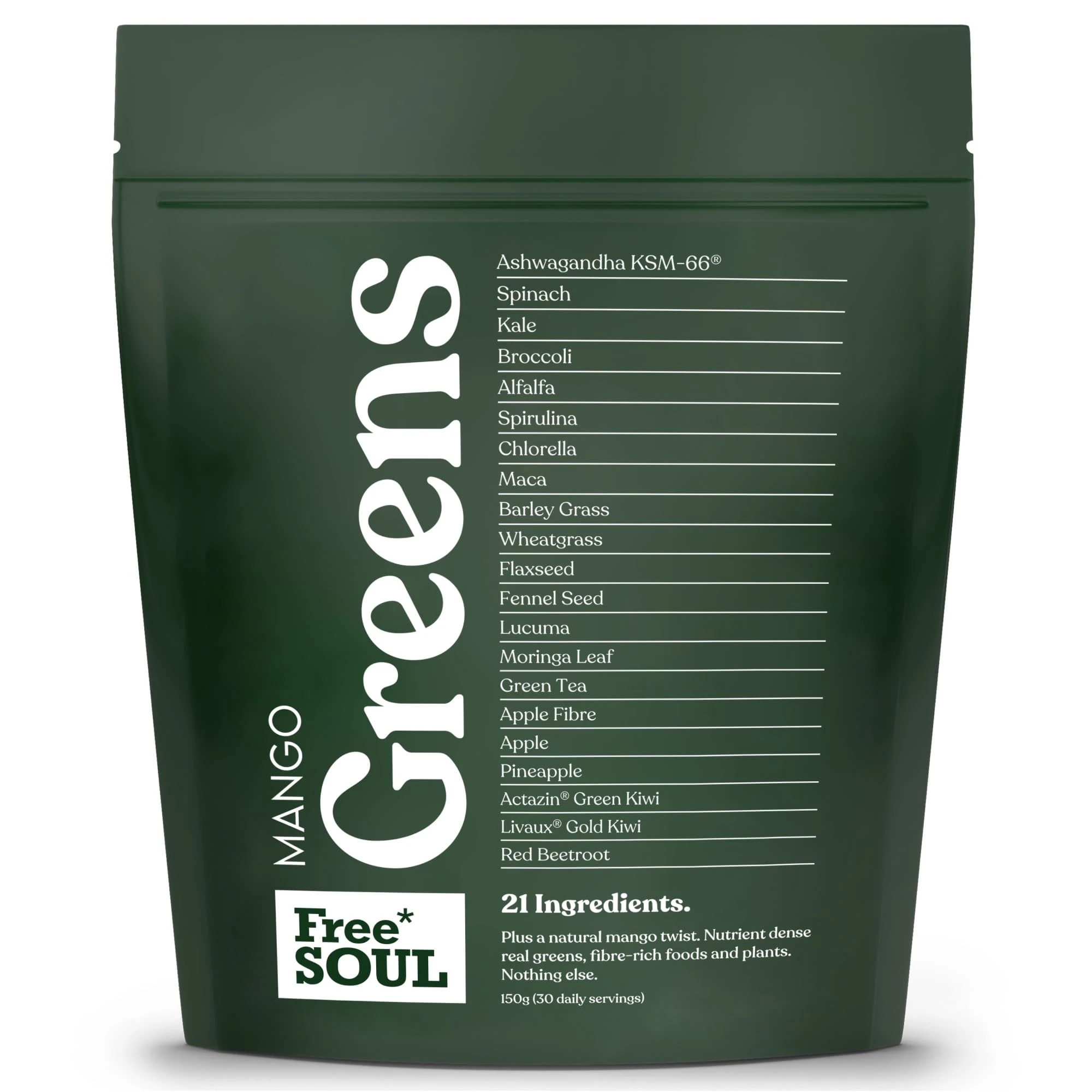 Free Soul Greens | 21 Advanced Greens, Superfoods, and Adaptogens Including KSM-66 Ashwagandha, Vegan & Gluten-Free, Advanced Natural Formula | UK Made | 30 Servings | Mango Flavour